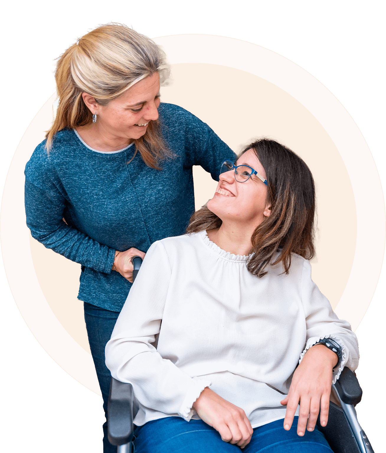 A woman in a teal sweater stands beside a smiling woman in a wheelchair, set against an orange backdrop.