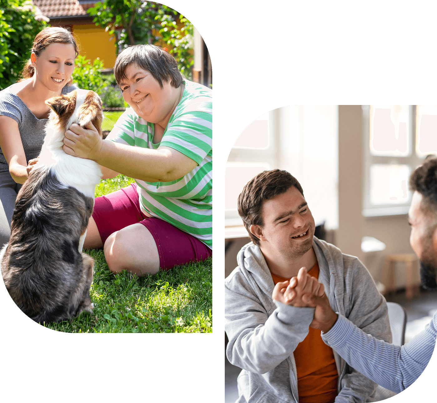 About H1-1 Two images: Left shows two people petting a dog outdoors. Right shows two people indoors, sitting and clasping hands.