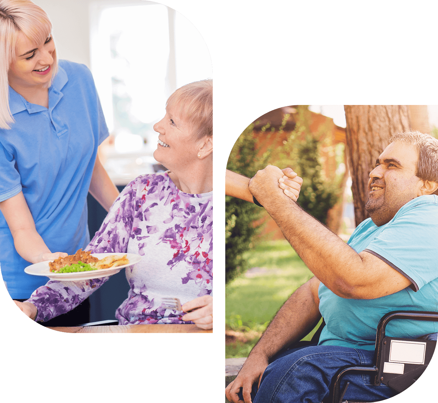 About H1 (1) A caregiver serves food to a smiling elderly woman indoors. Next to it, a man in a wheelchair shakes hands outdoors.