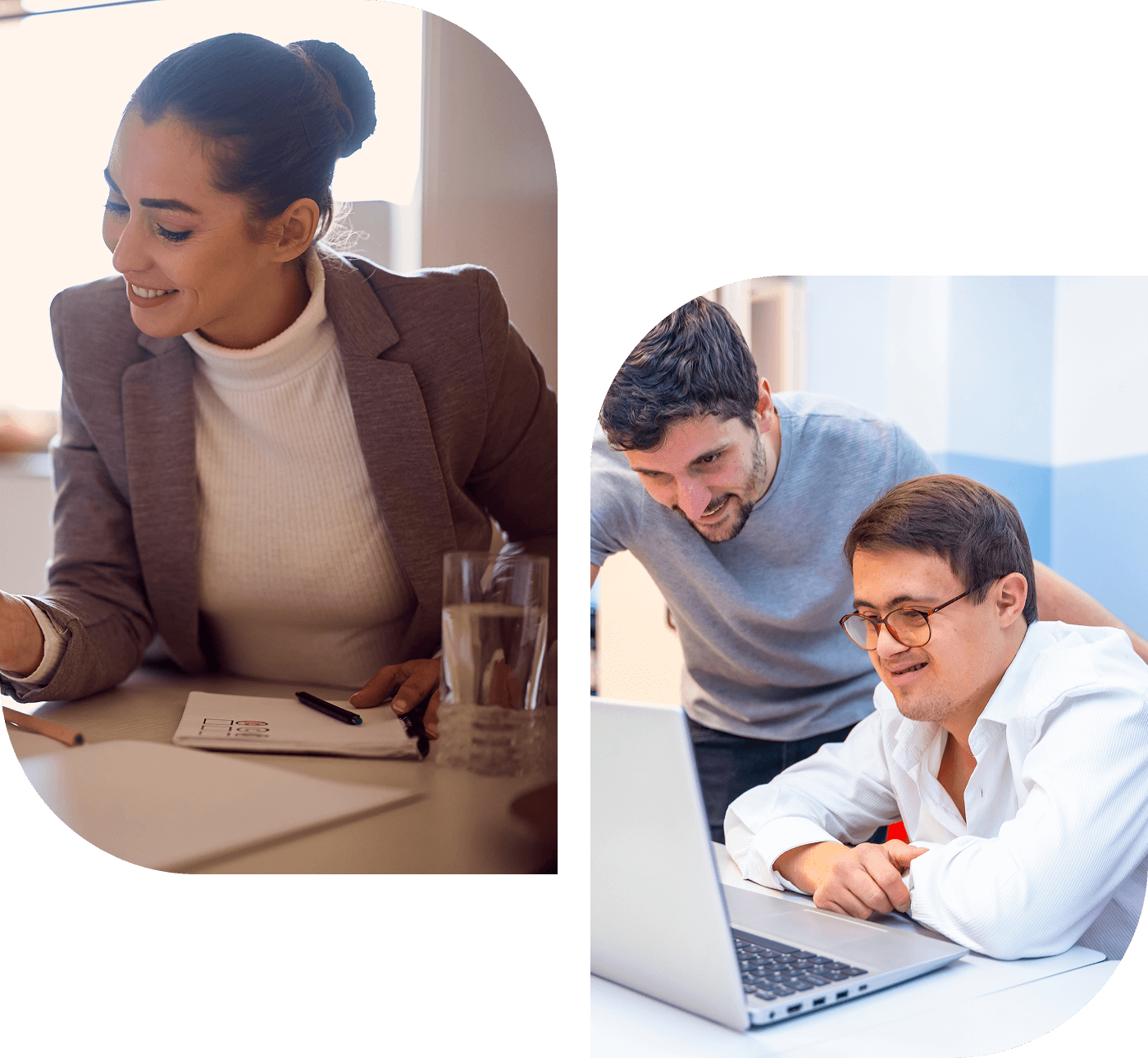 Two separate images: Left, a woman in a blazer writes; Right, two men collaborate at a laptop.