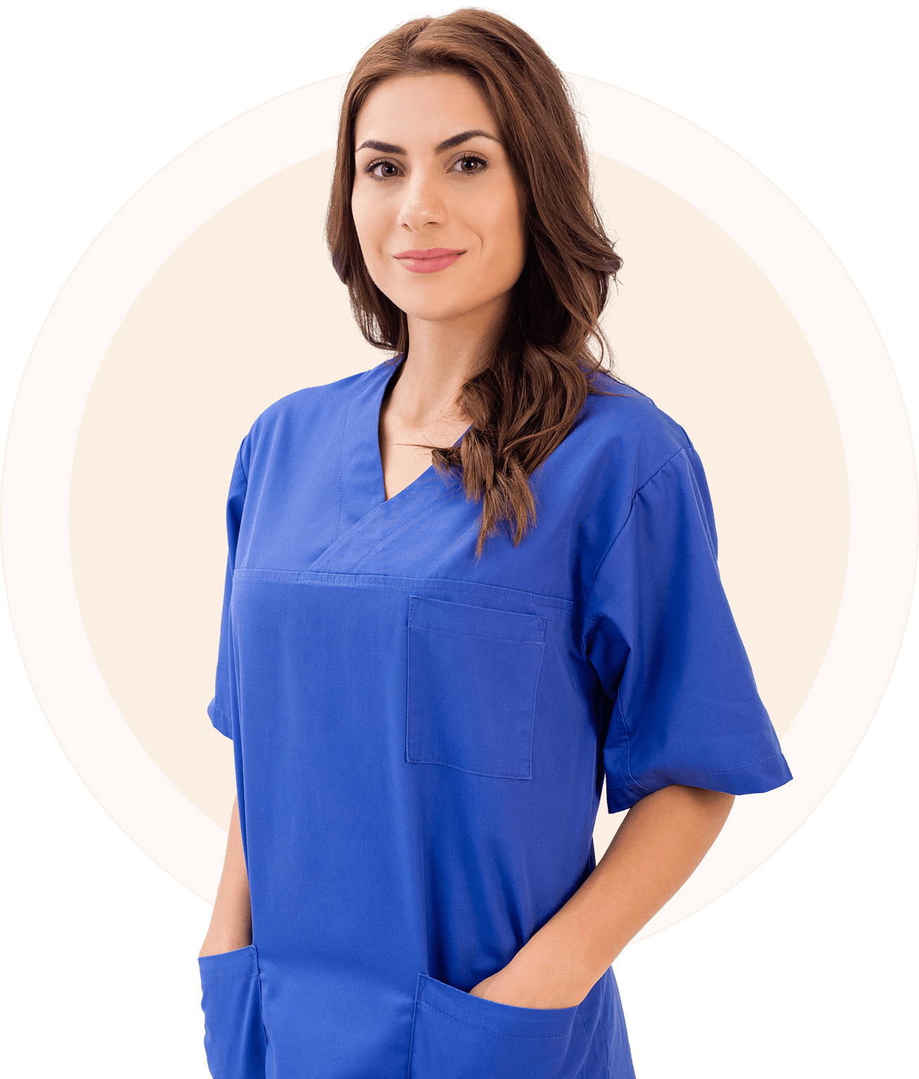 Group 4 (1) A person wearing a blue scrub top stands against an orange circular background.