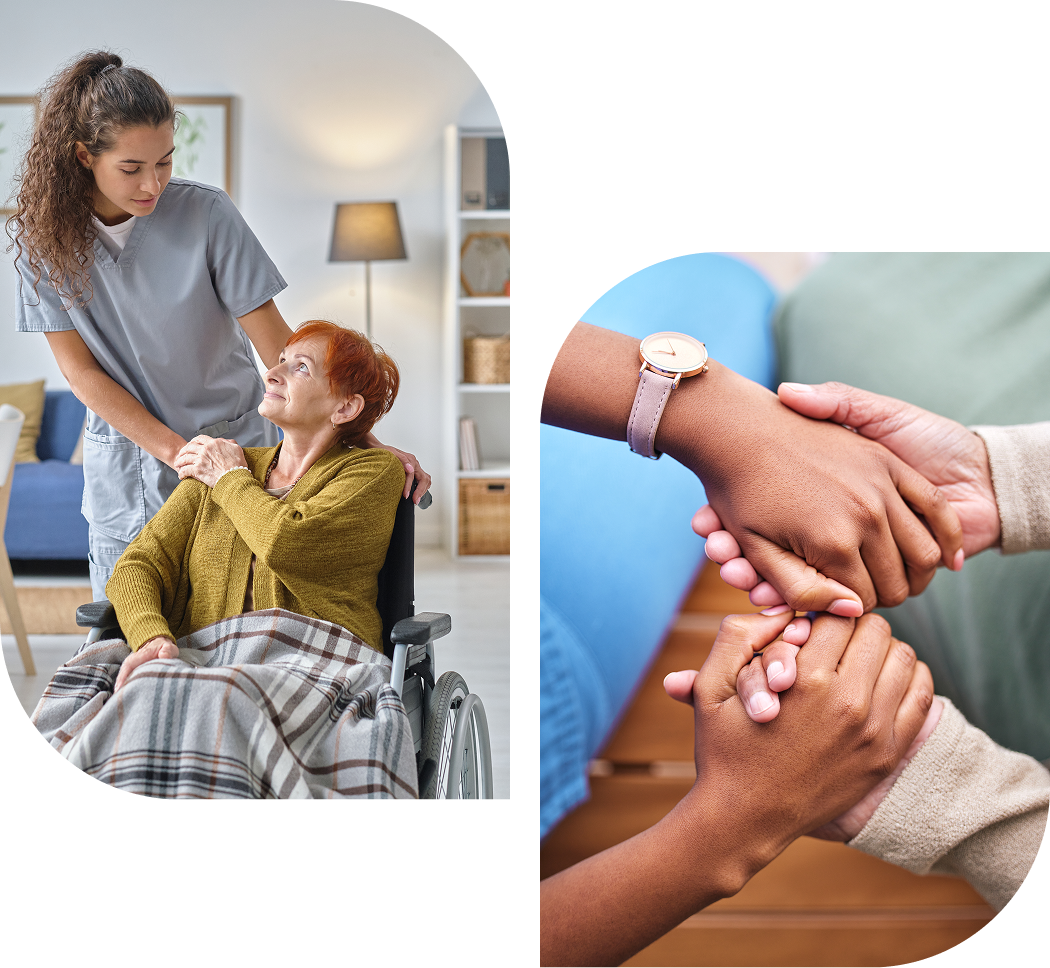 Group 5 A caregiver assists a woman in a wheelchair on the left, while two pairs of hands hold each other supportively on the right.