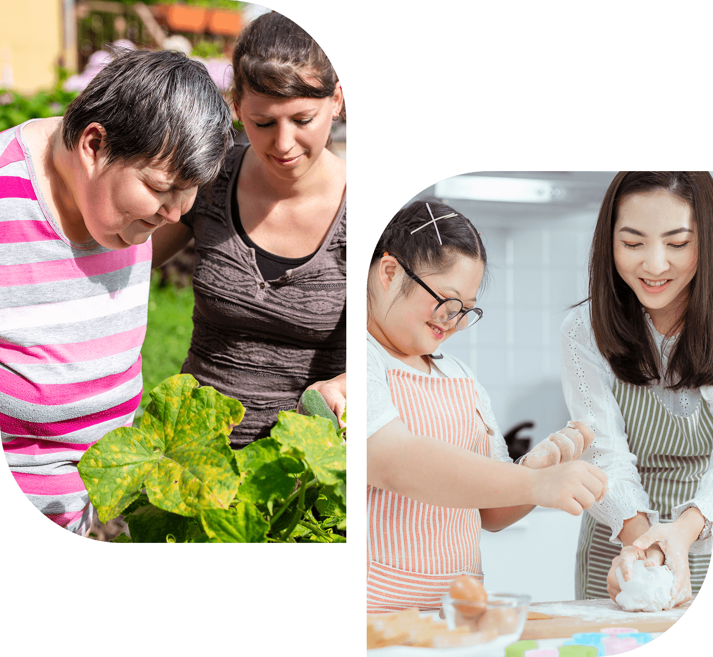 Service (1) Two images: Left, two people gardening. Right, two people cooking indoors, with one wearing glasses and an apron.